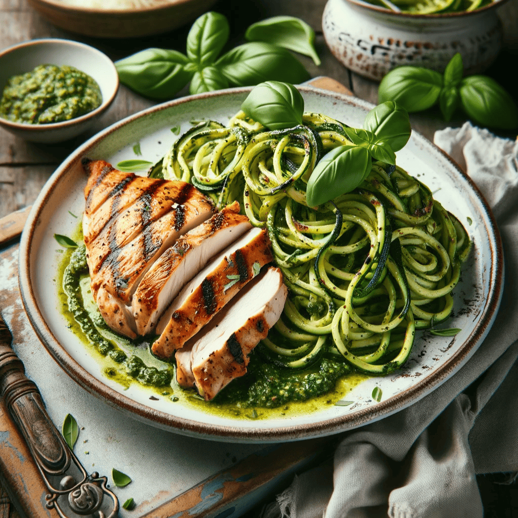 Zucchini Noodles with Pesto and Grilled Chicken