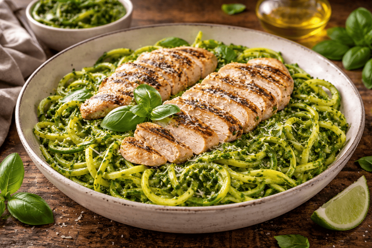 Grilled Chicken with Pesto Zucchini Noodles